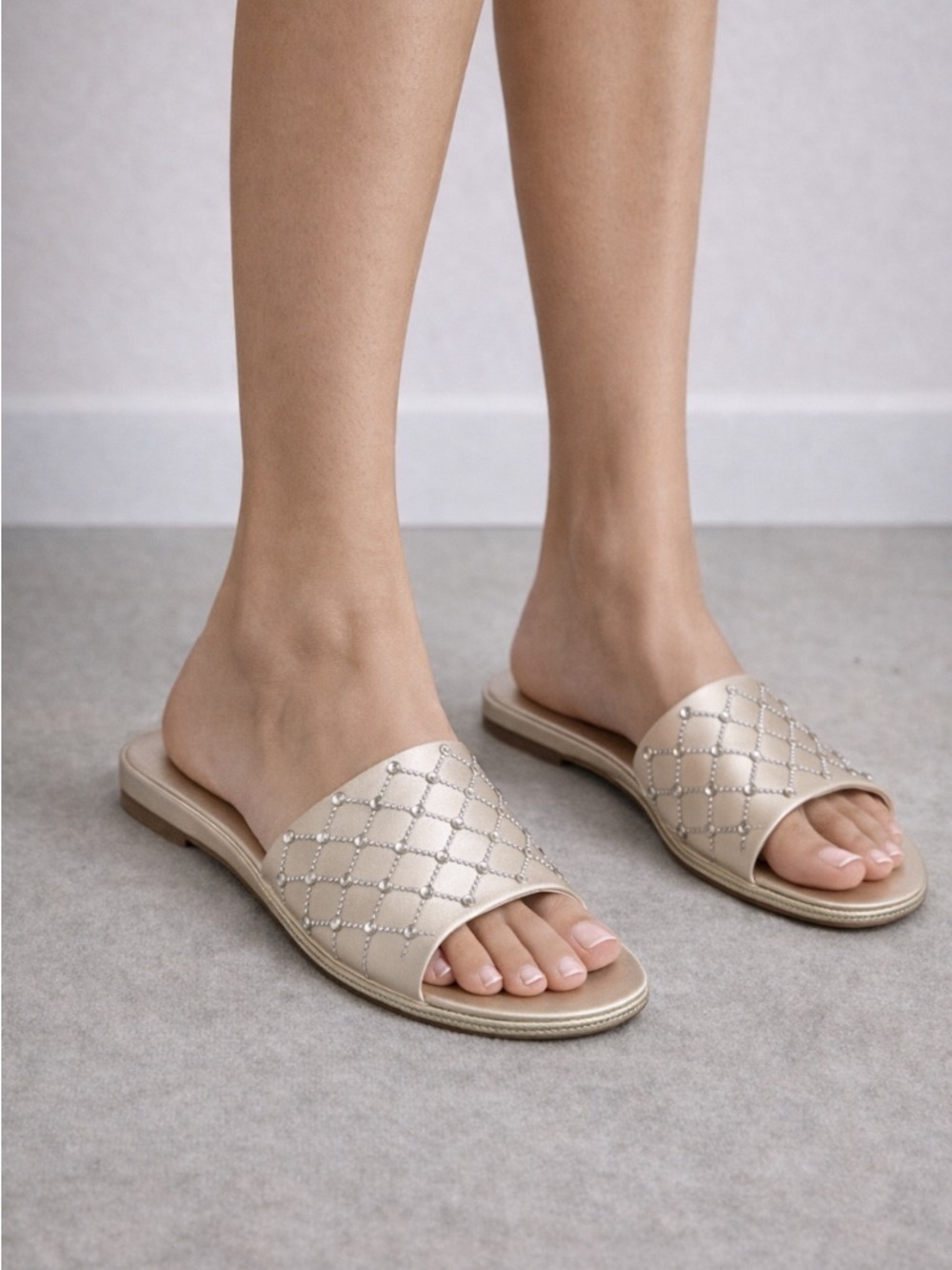 Badgley Mischka Champagne Slide Sandals with Silver Accents
